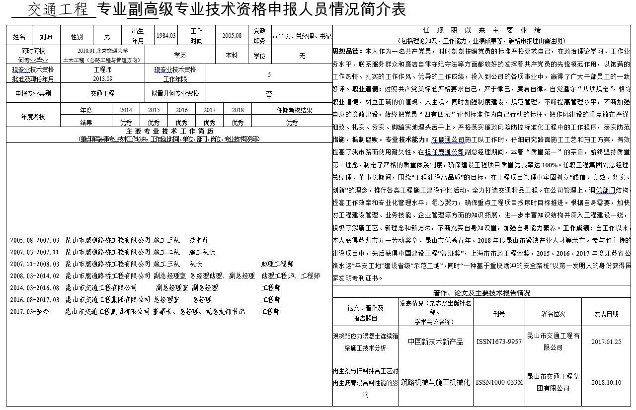 关于刘坤同志申报交通运输工程高级工程师的公示